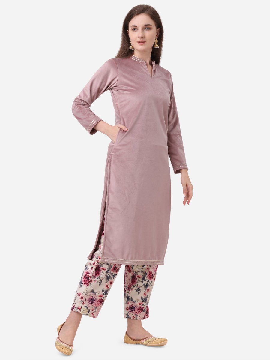Ahalyaa Lilac Solid Kurta & Floral Pant Set | Grocsy