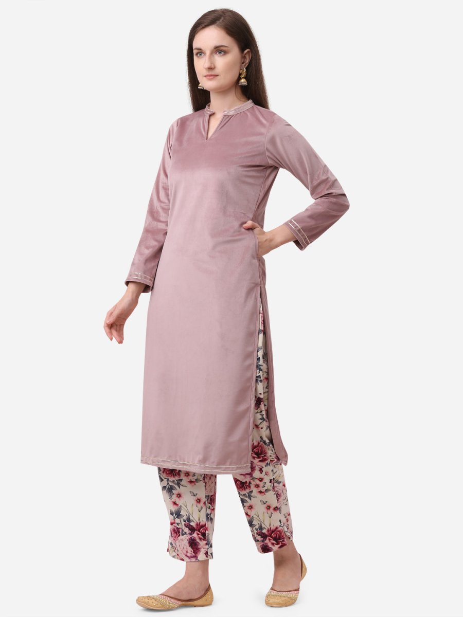 Ahalyaa Lilac Solid Kurta & Floral Pant Set | Grocsy