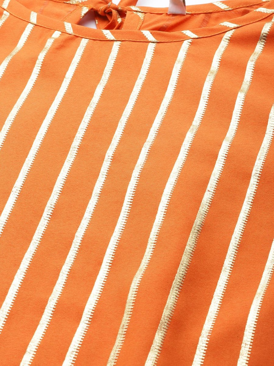 Ahalyaa Women Orange & Golden Striped Kurta With Trousers & Dupatta | Grocsy
