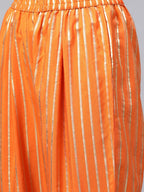 Ahalyaa Women Orange & Golden Striped Kurta With Trousers & Dupatta | Grocsy