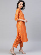 Ahalyaa Women Orange & Golden Striped Kurta With Trousers & Dupatta | Grocsy