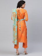 Ahalyaa Women Orange & Golden Striped Kurta With Trousers & Dupatta | Grocsy