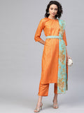 Ahalyaa Women Orange & Golden Striped Kurta With Trousers & Dupatta | Grocsy