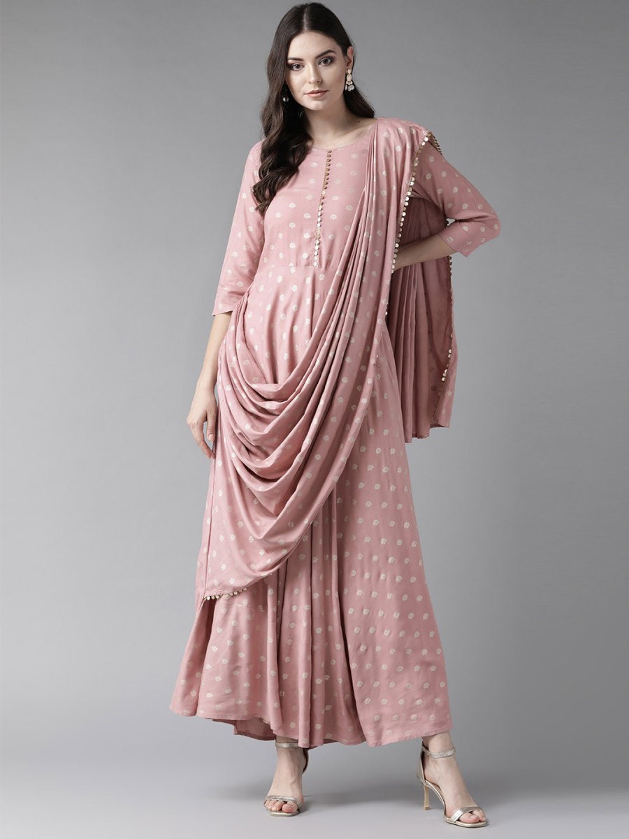 Ahalyaa Pink & Golden Printed Maxi Dress With Attached Dupatta | Grocsy