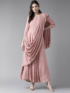 Ahalyaa Pink & Golden Printed Maxi Dress With Attached Dupatta | Grocsy