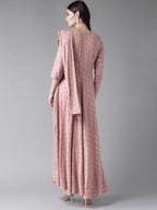 Ahalyaa Pink & Golden Printed Maxi Dress With Attached Dupatta | Grocsy