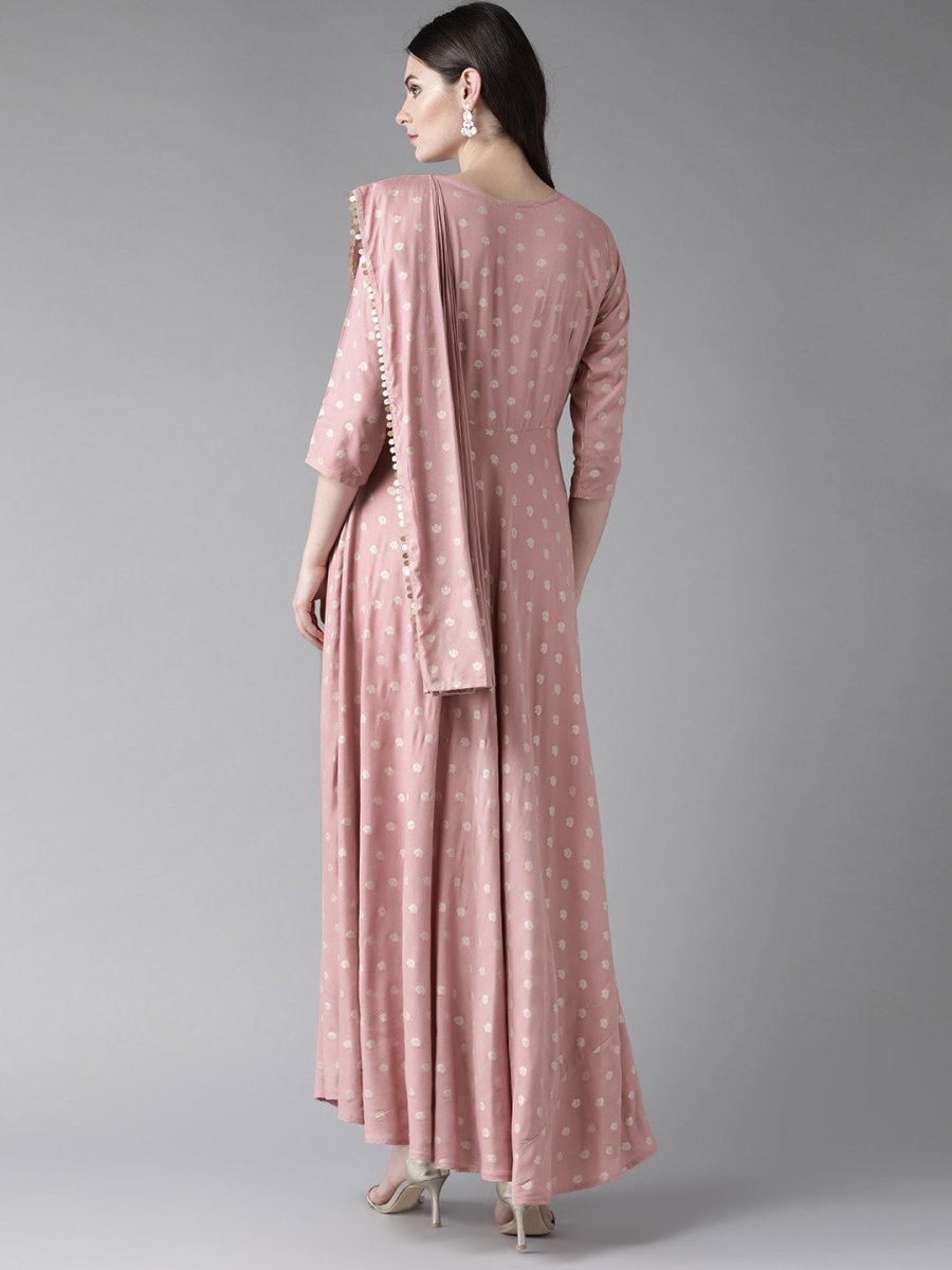 Ahalyaa Pink & Golden Printed Maxi Dress With Attached Dupatta | Grocsy