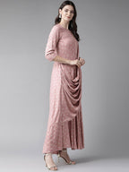 Ahalyaa Pink & Golden Printed Maxi Dress With Attached Dupatta | Grocsy