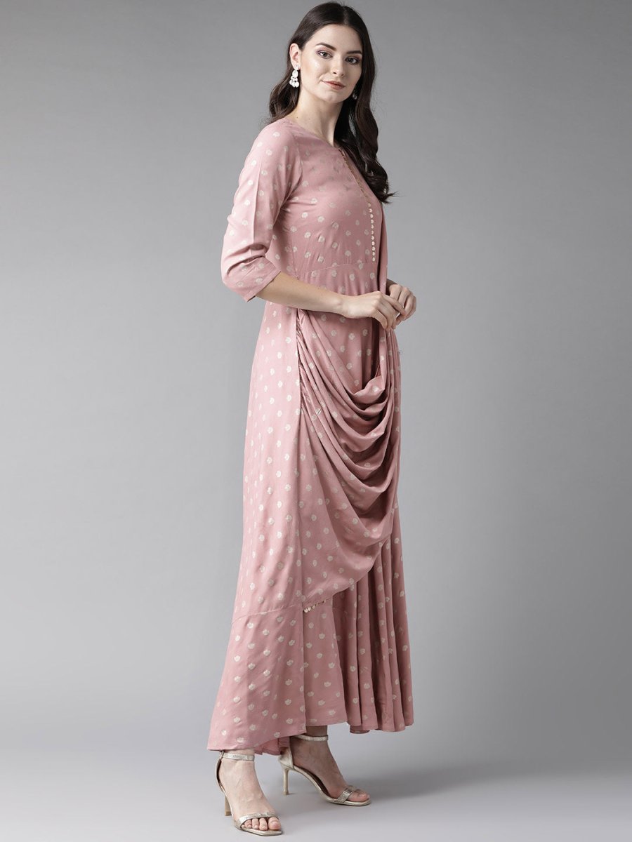 Ahalyaa Pink & Golden Printed Maxi Dress With Attached Dupatta | Grocsy