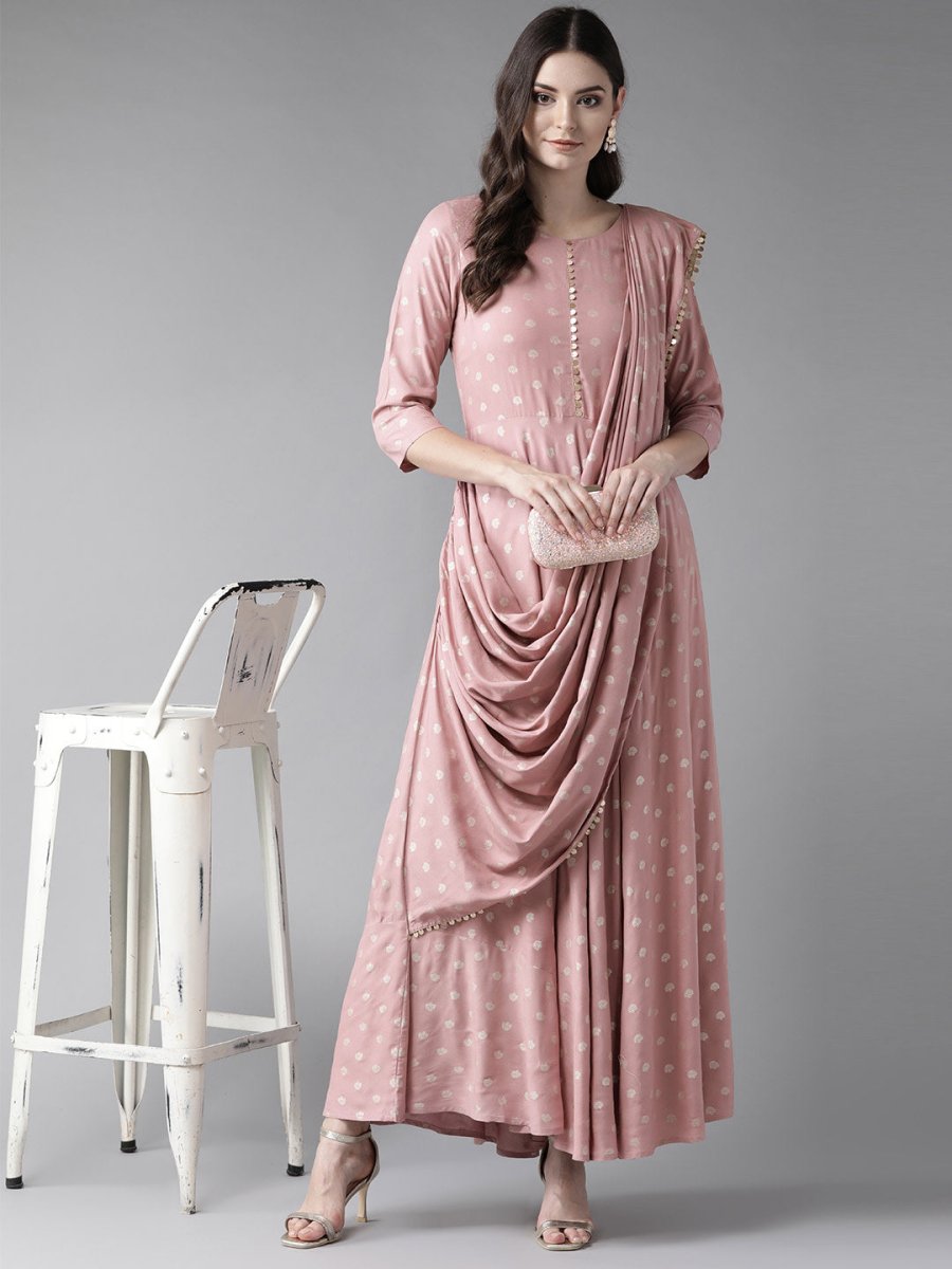 Ahalyaa Pink & Golden Printed Maxi Dress With Attached Dupatta | Grocsy