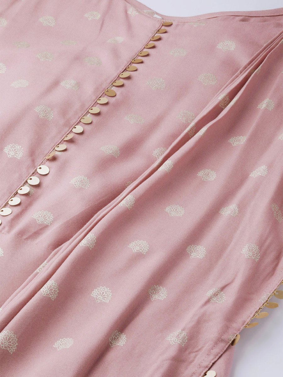 Ahalyaa Pink & Golden Printed Maxi Dress With Attached Dupatta | Grocsy