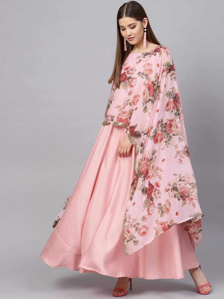 Ahalyaa Women Pink Floral A Line Fusion Dresses | Grocsy
