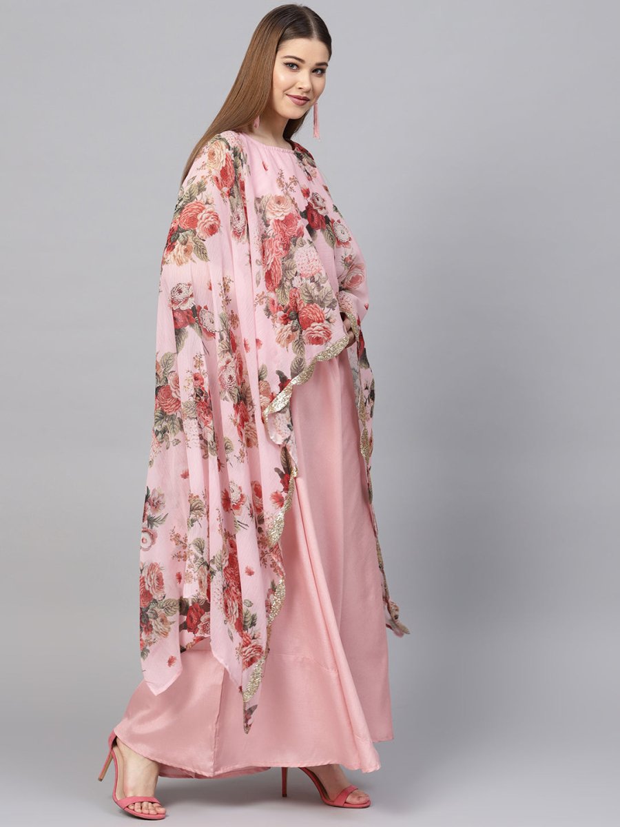 Ahalyaa Women Pink Floral A Line Fusion Dresses | Grocsy