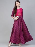 Ahalyaa Purple & Golden Screen Printed Maxi Dress | Grocsy