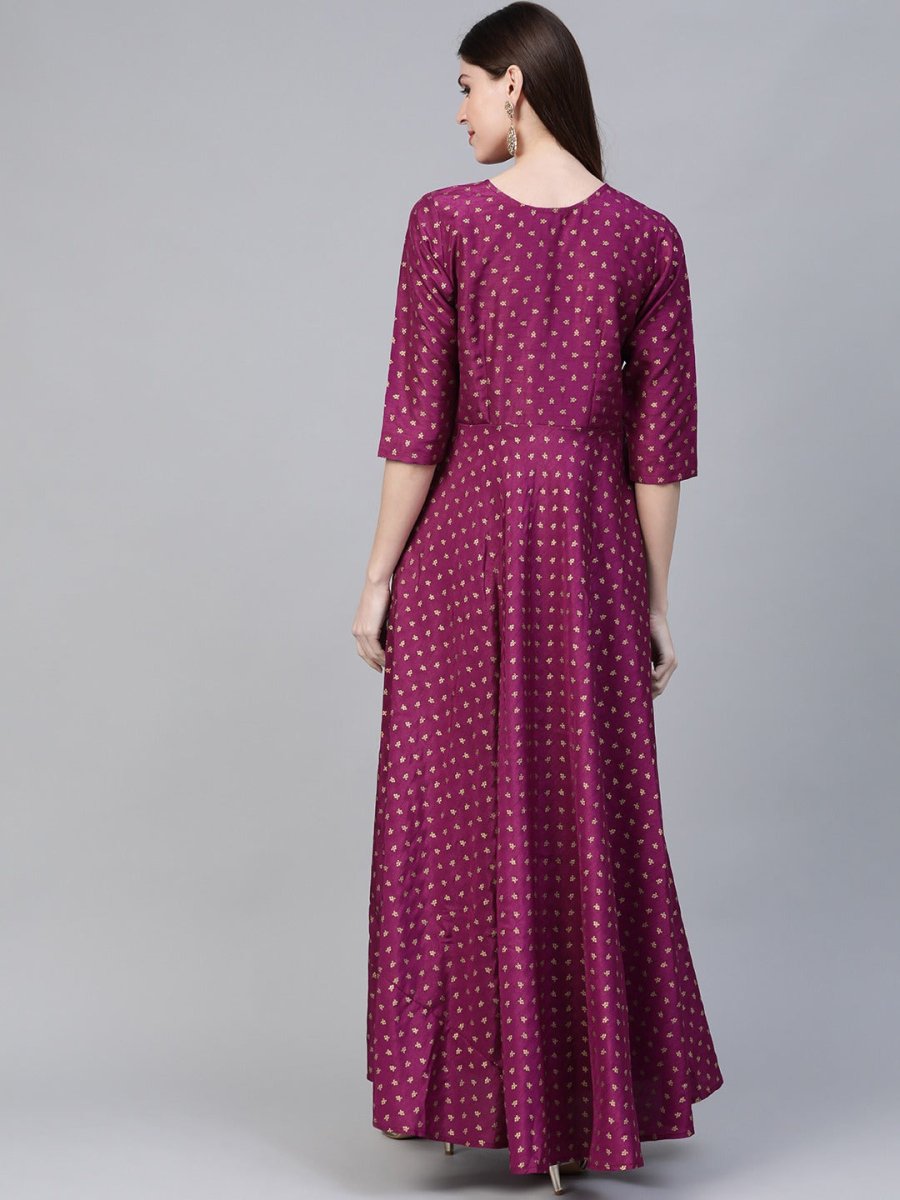 Ahalyaa Purple & Golden Screen Printed Maxi Dress | Grocsy