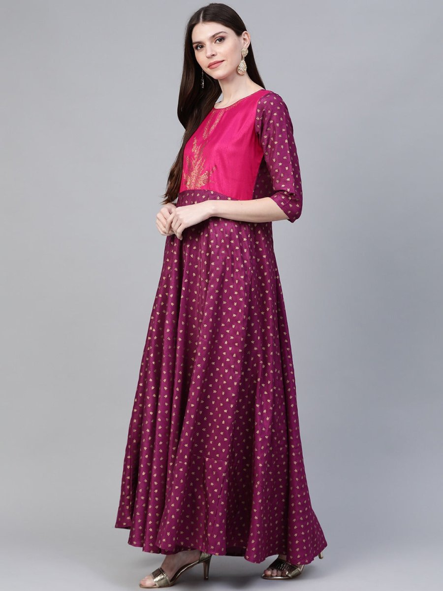 Ahalyaa Purple & Golden Screen Printed Maxi Dress | Grocsy