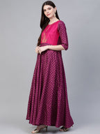 Ahalyaa Purple & Golden Screen Printed Maxi Dress | Grocsy