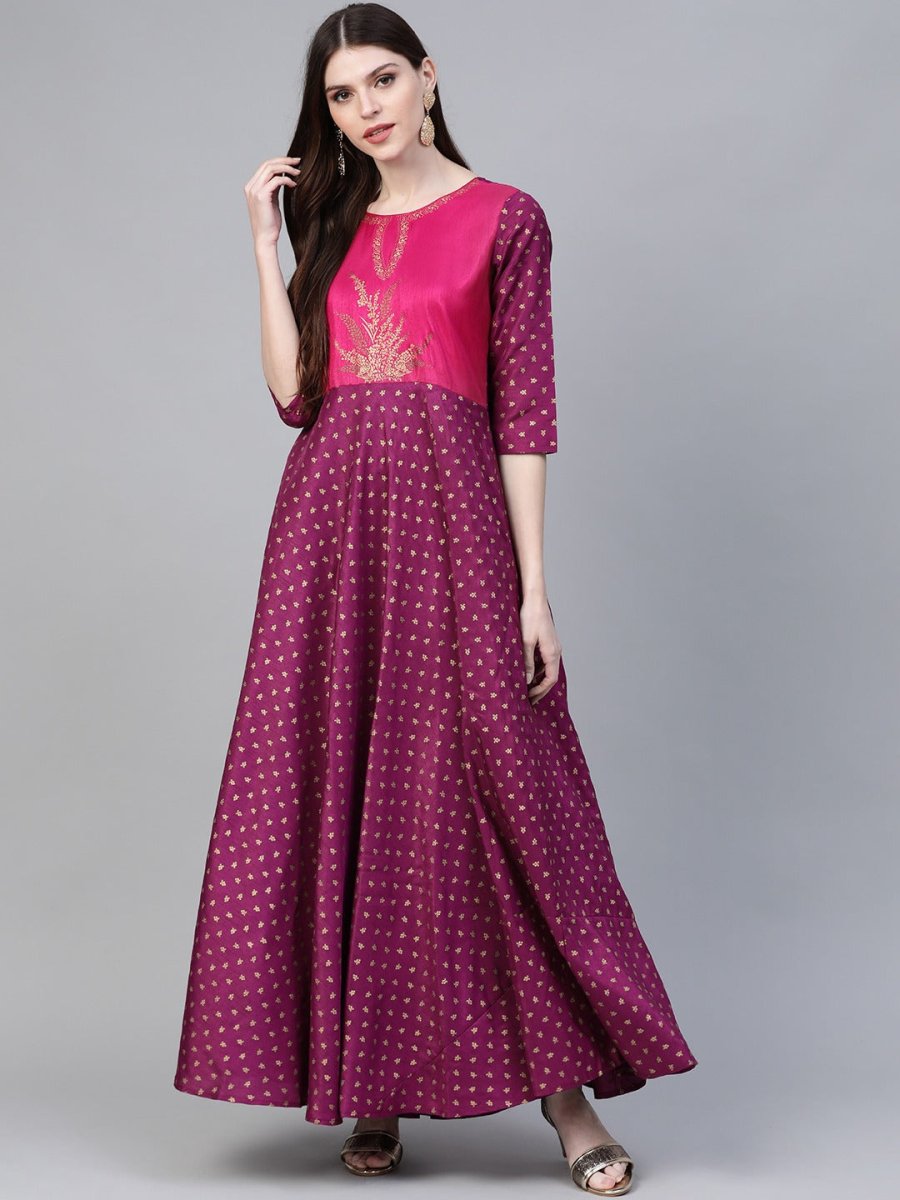 Ahalyaa Purple & Golden Screen Printed Maxi Dress | Grocsy