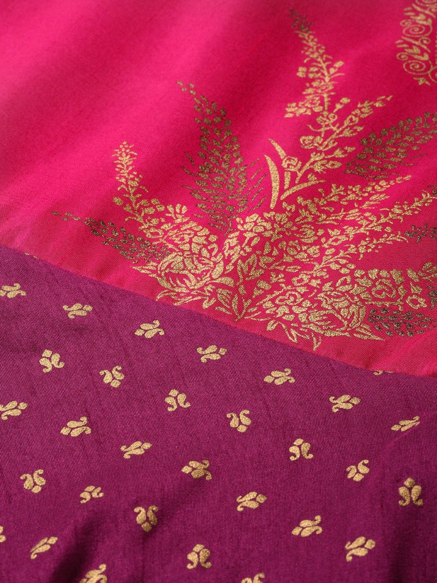 Ahalyaa Purple & Golden Screen Printed Maxi Dress | Grocsy