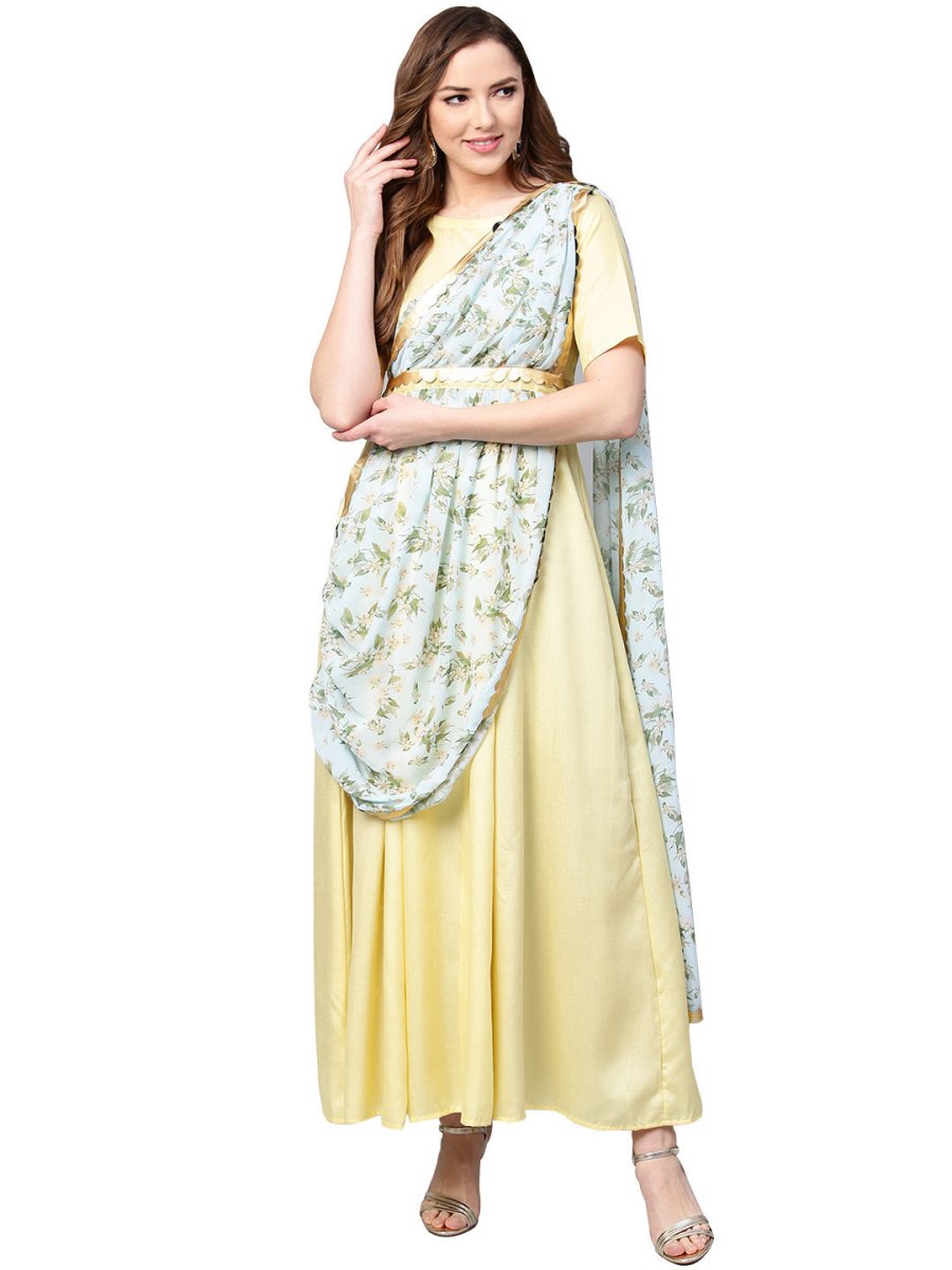 Ahalyaa Draped Dupatta A line Dress | Grocsy