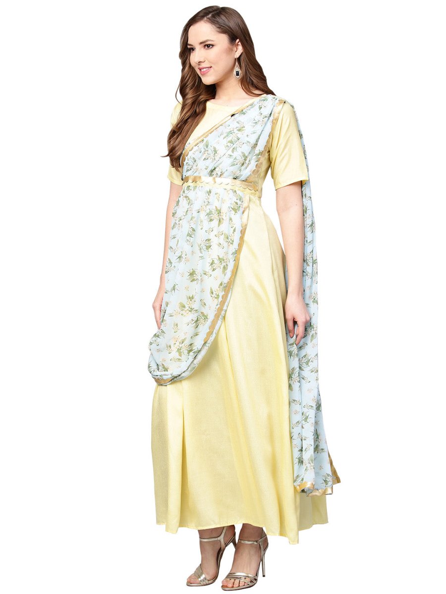 Ahalyaa Draped Dupatta A line Dress | Grocsy