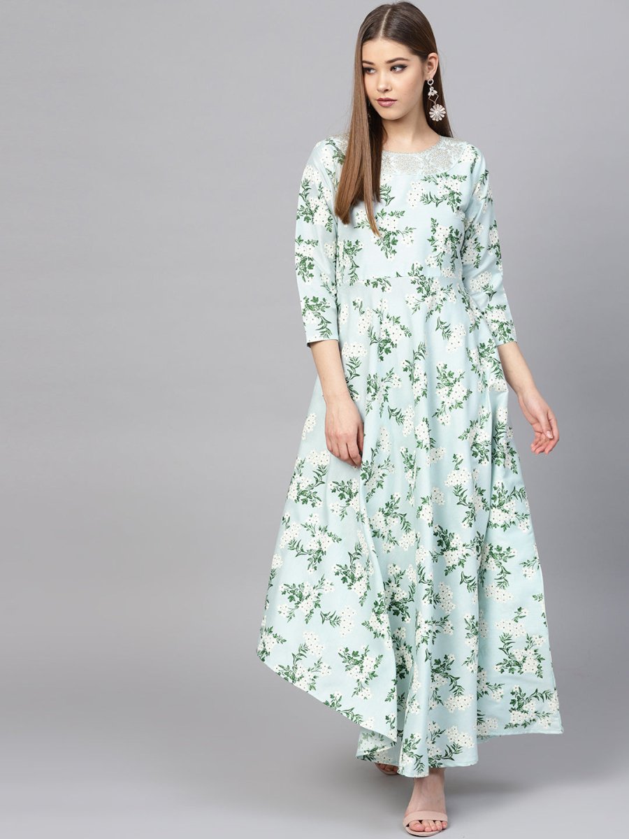 Ahalyaa Sky Blue Printed Asymmetric Kurta | Grocsy
