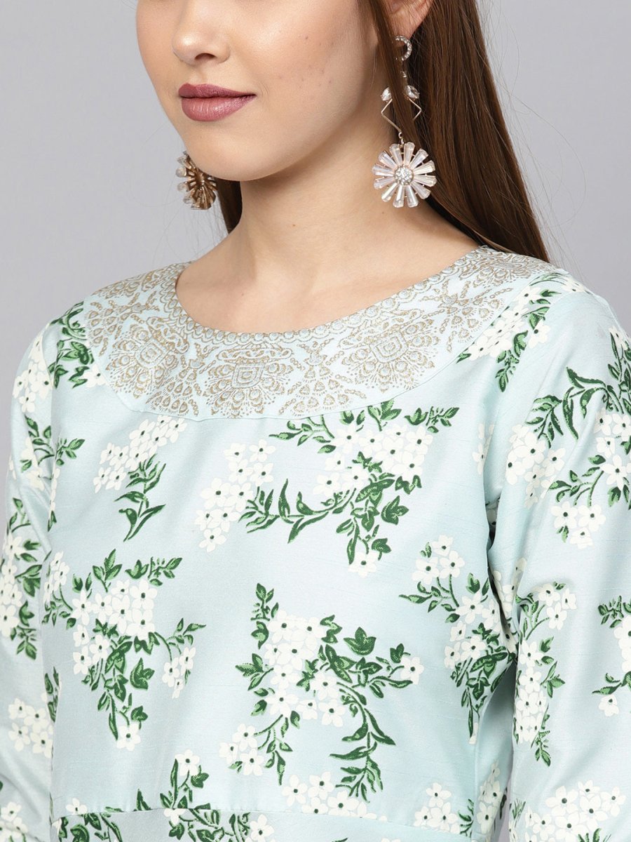 Ahalyaa Sky Blue Printed Asymmetric Kurta | Grocsy