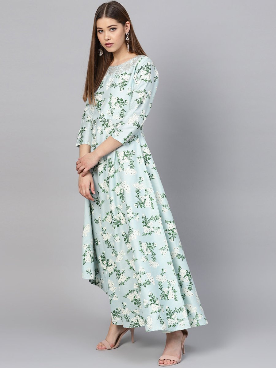 Ahalyaa Sky Blue Printed Asymmetric Women's Kurta | Grocsy