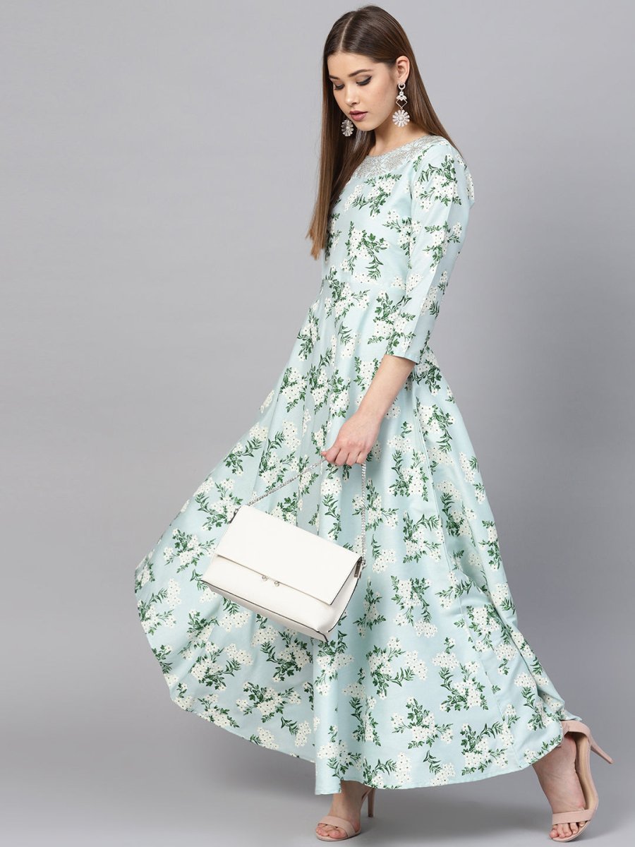 Ahalyaa Sky Blue Printed Asymmetric Women's Kurta | Grocsy