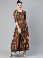 Ahalyaa Women Brown & Olive Green Floral Print Layered Beautiful Anarkali Kurta | Grocsy