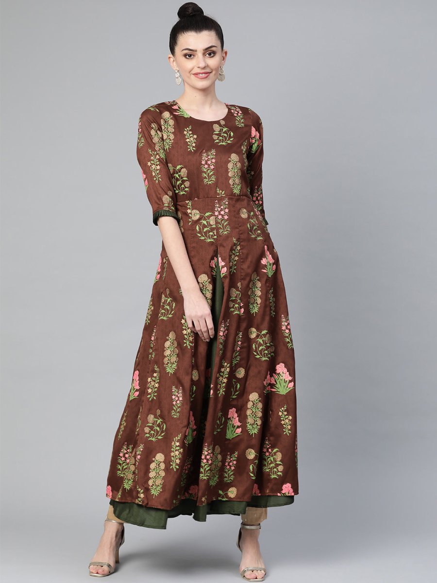 Ahalyaa Women Brown & Olive Green Floral Print Layered Beautiful Anarkali Kurta | Grocsy