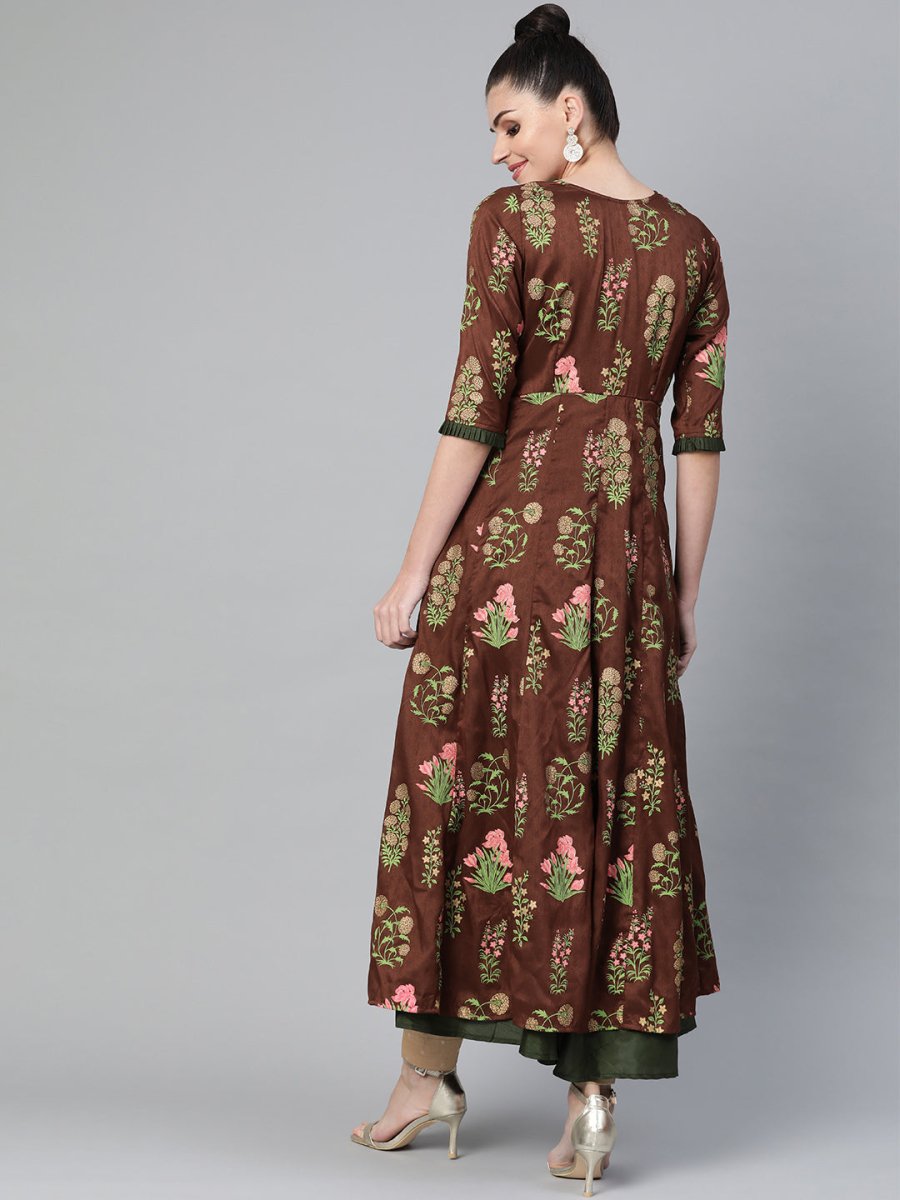 Ahalyaa Women Brown & Olive Green Floral Print Layered Beautiful Anarkali Kurta | Grocsy