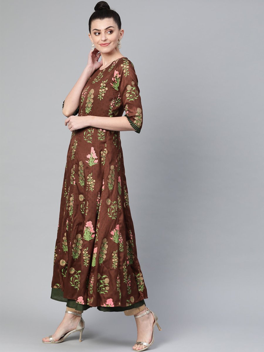 Ahalyaa Women Brown & Olive Green Floral Print Layered Beautiful Anarkali Kurta | Grocsy