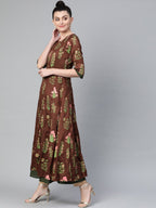 Ahalyaa Women Brown & Olive Green Floral Print Layered Beautiful Anarkali Kurta | Grocsy