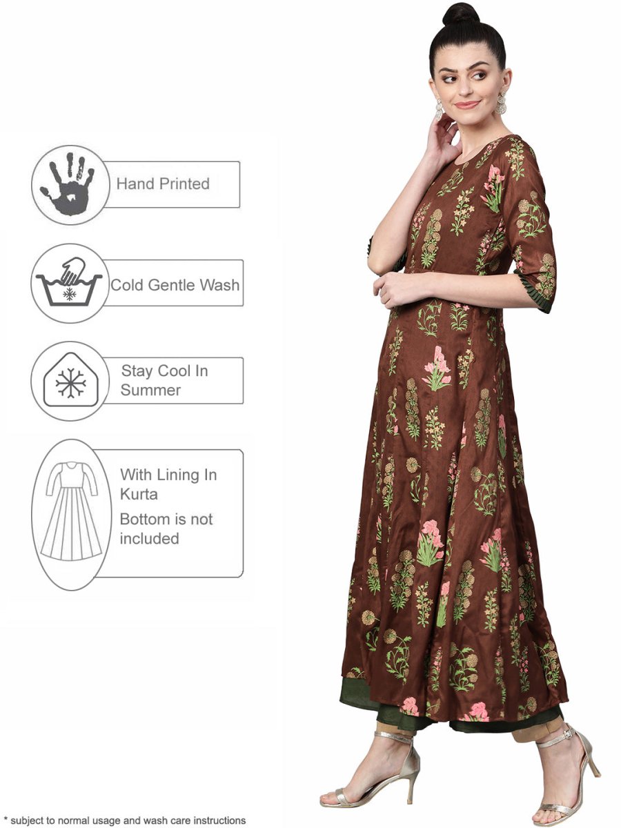 Ahalyaa Women Brown & Olive Green Floral Print Layered Beautiful Anarkali Kurta | Grocsy