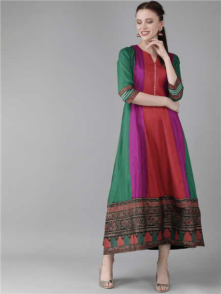 Ahalyaa Women Multicoloured Colourblocked Panalled Maxi Dress | Grocsy