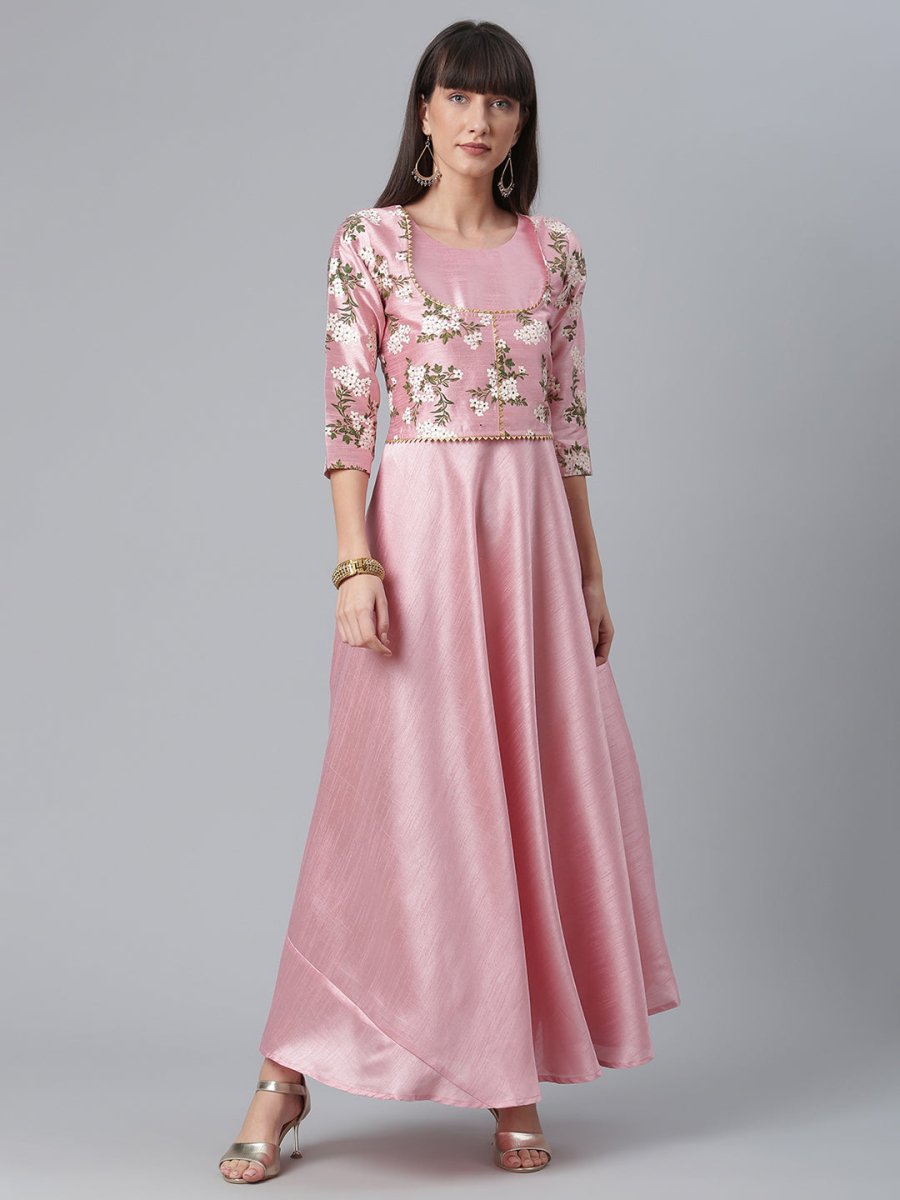 Ahalyaa Art Silk Pink Solid Kurta With Attached Floral Print Jacket | Grocsy