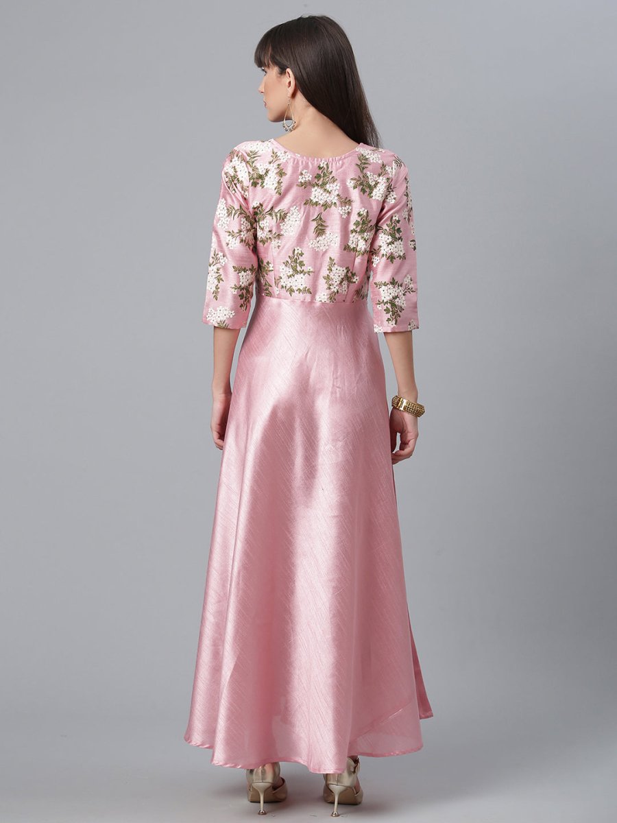 Ahalyaa Art Silk Pink Solid Kurta With Attached Floral Print Jacket | Grocsy