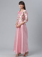 Ahalyaa Art Silk Pink Solid Kurta With Attached Floral Print Jacket | Grocsy