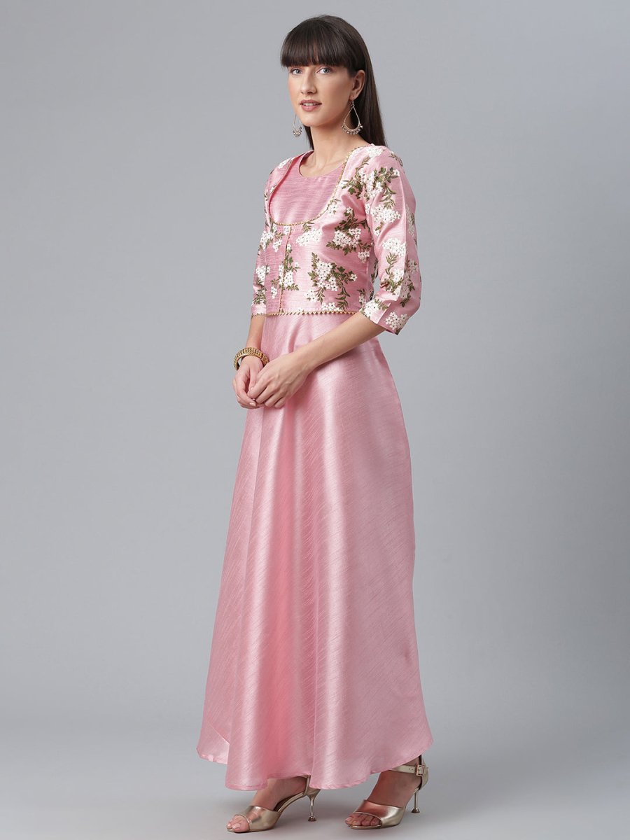 Ahalyaa Art Silk Pink Solid Kurta With Attached Floral Print Jacket | Grocsy