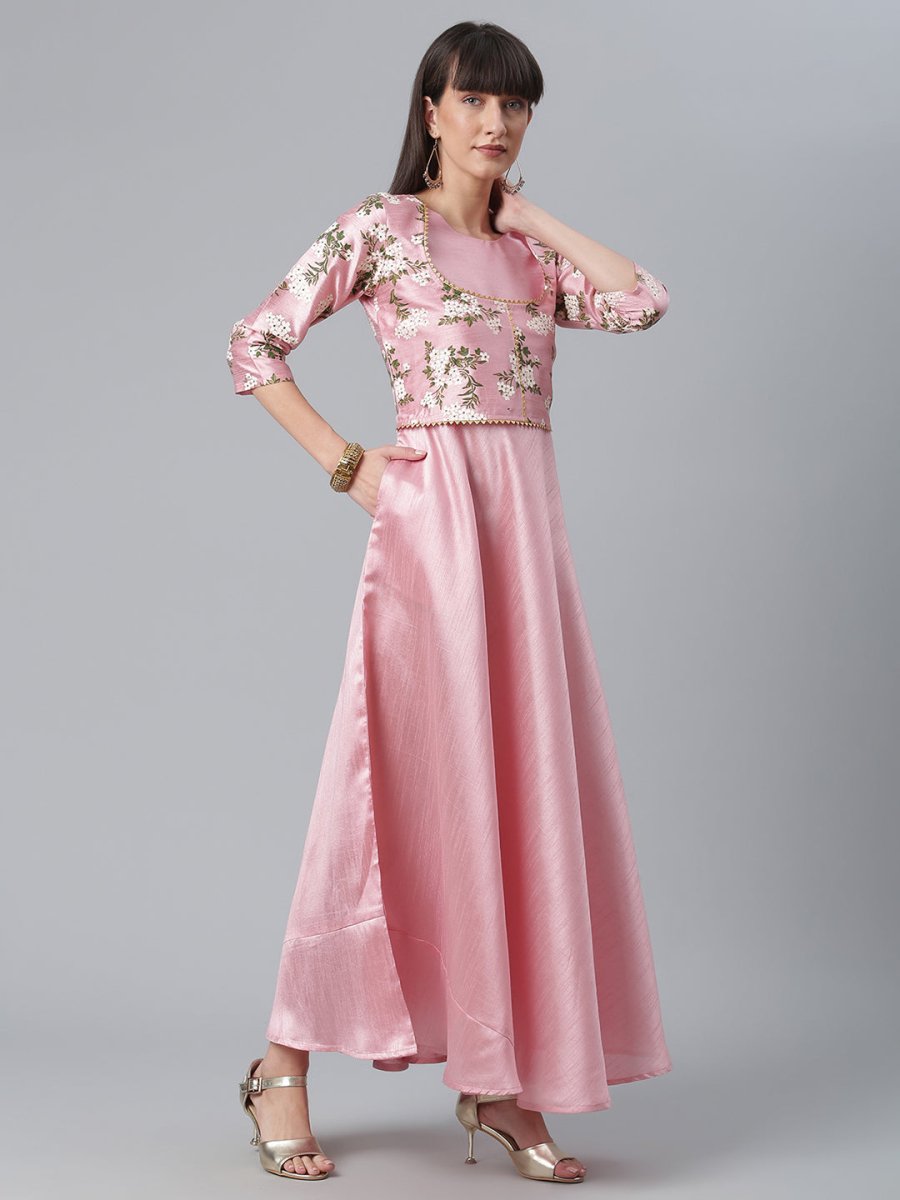 Ahalyaa Art Silk Pink Solid Kurta With Attached Floral Print Jacket | Grocsy