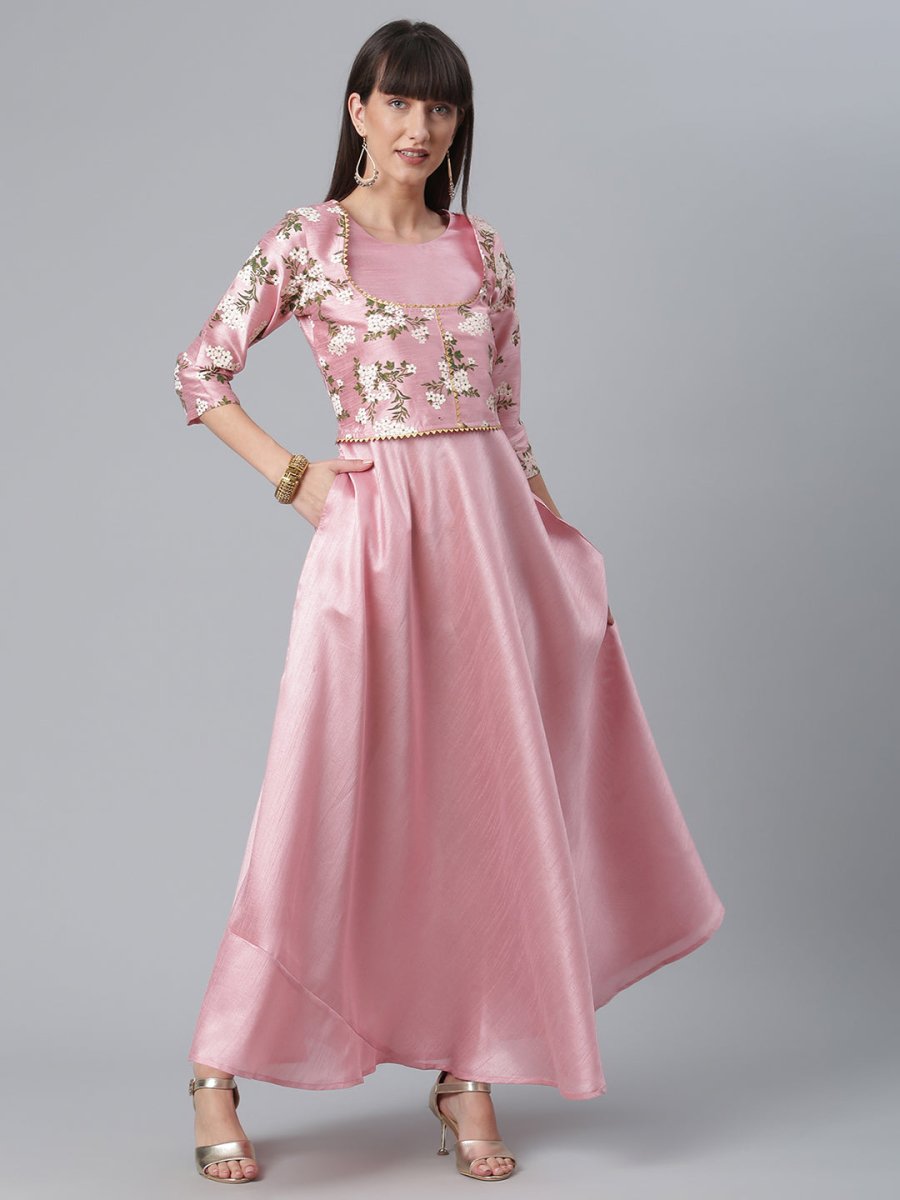 Ahalyaa Art Silk Pink Solid Kurta With Attached Floral Print Jacket | Grocsy