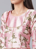Ahalyaa Art Silk Pink Solid Kurta With Attached Floral Print Jacket | Grocsy