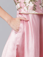 Ahalyaa Art Silk Pink Solid Kurta With Attached Floral Print Jacket | Grocsy