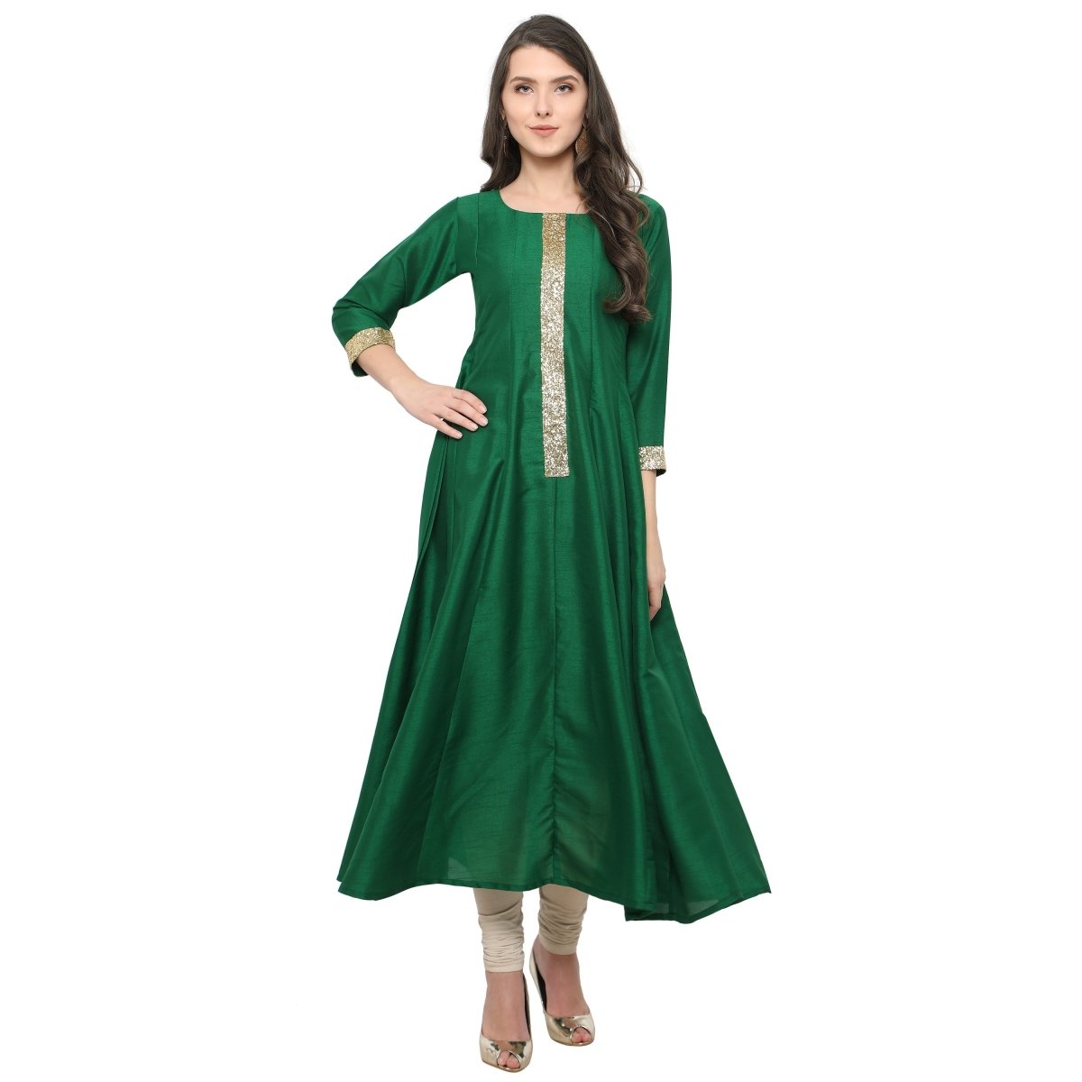 Ahalyaa Women's Green And Gold Anarkali For Festive And Party Wear | Grocsy