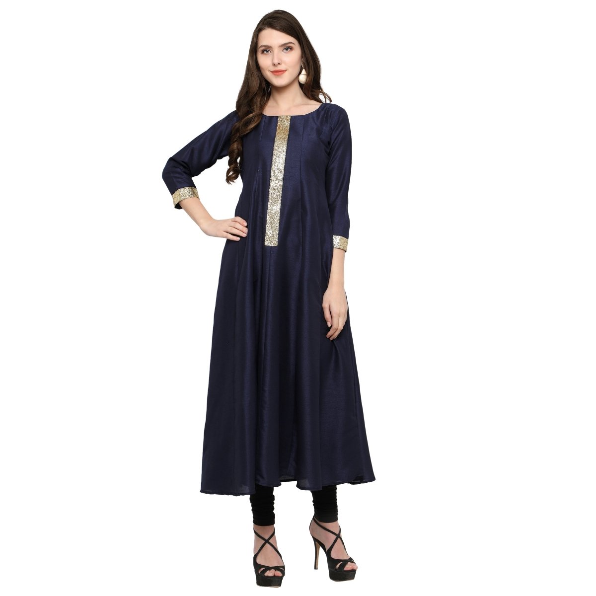 Ahalyaa Women's Navy Blue And Gold Anarkali For Festive And Party Wear | Grocsy