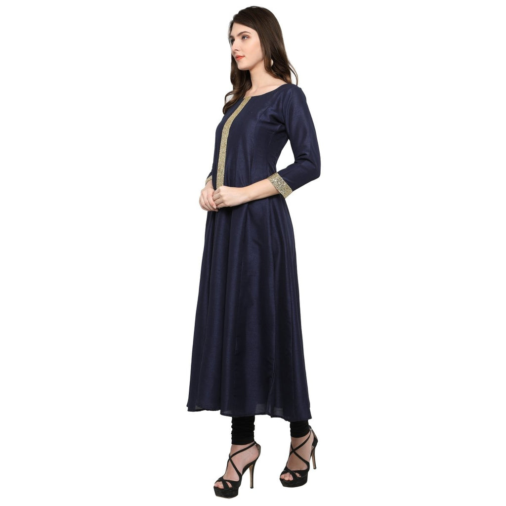 Ahalyaa Women's Navy Blue And Gold Anarkali For Festive And Party Wear | Grocsy