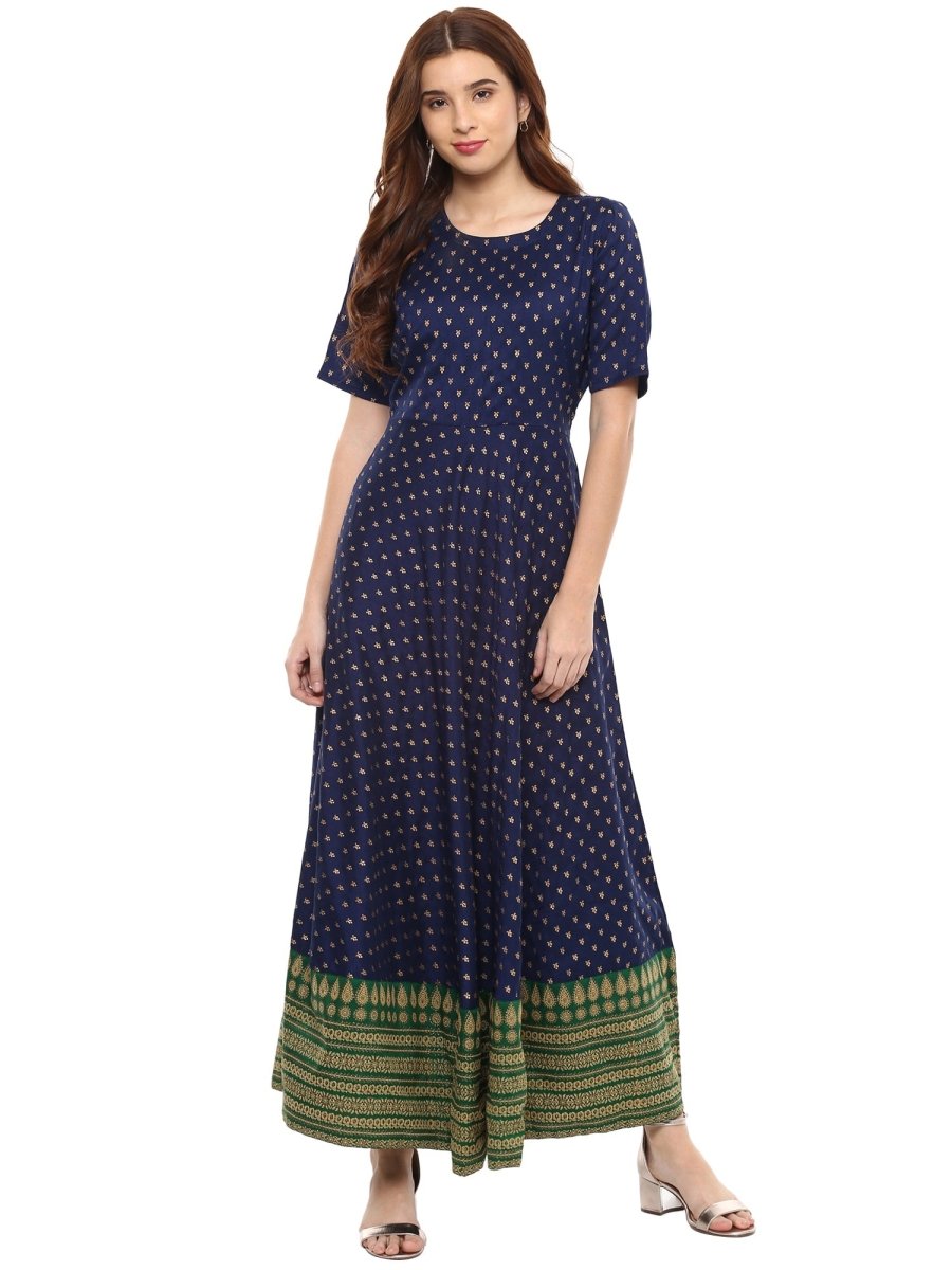 Ahalyaa Navy Blue Flared Kurta Dress | Grocsy