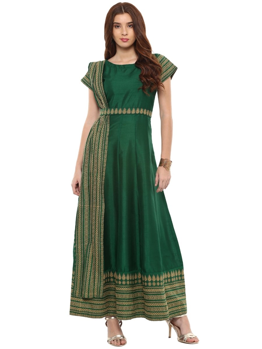 Ahalyaa Printed Faux Silk Anarkali With Attached Dupatta | Grocsy