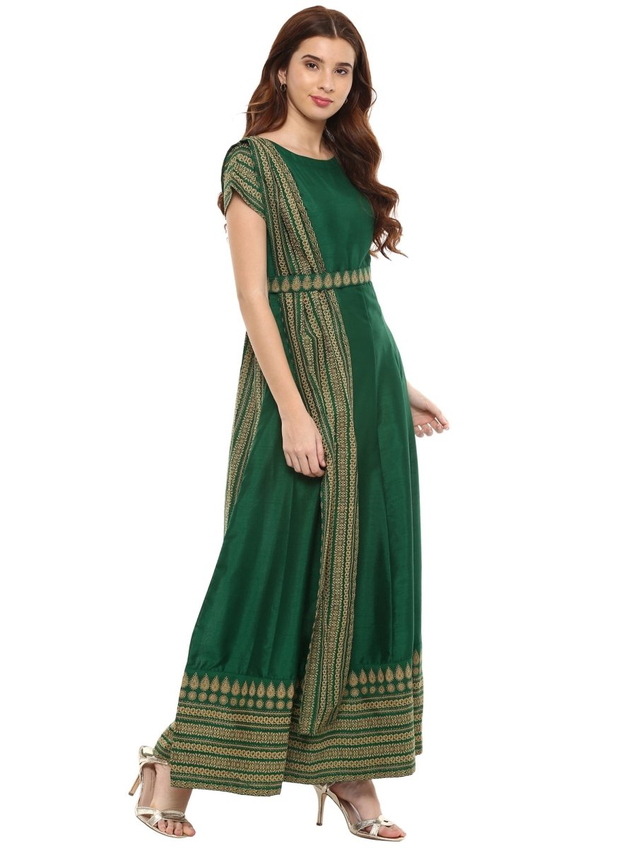 Ahalyaa Printed Faux Silk Anarkali With Attached Dupatta | Grocsy
